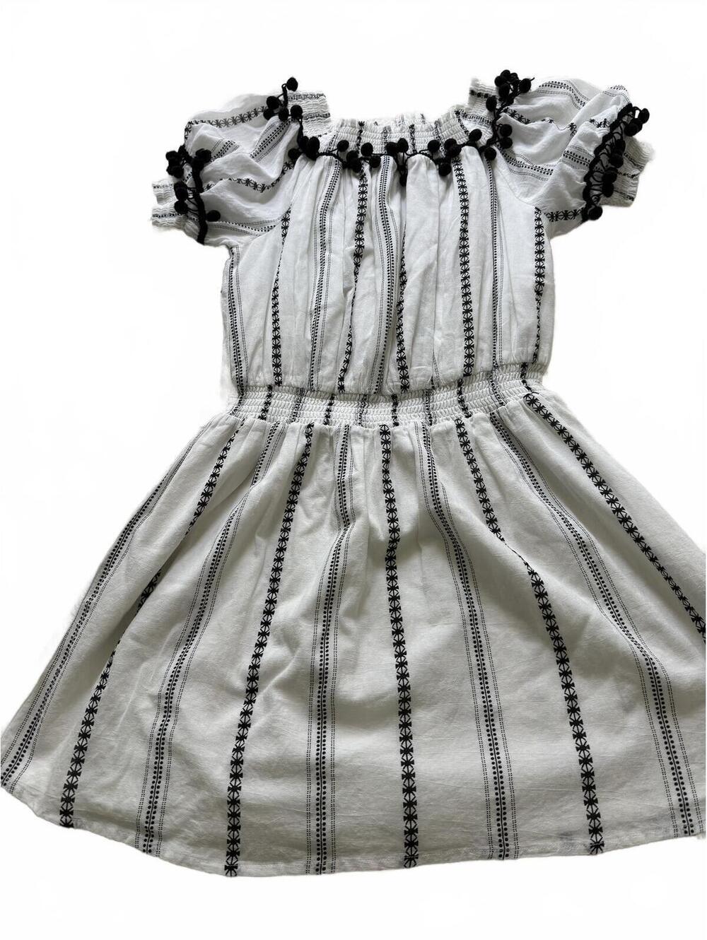 JUPEVENDU BOHO White Black Tasseled Cotton Short Sleeve Dress Elastic waist SZ S